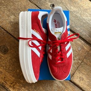 Woman’s Adidas Gazelle Bold, Red Suede w/ Platform Sole. Unworn!